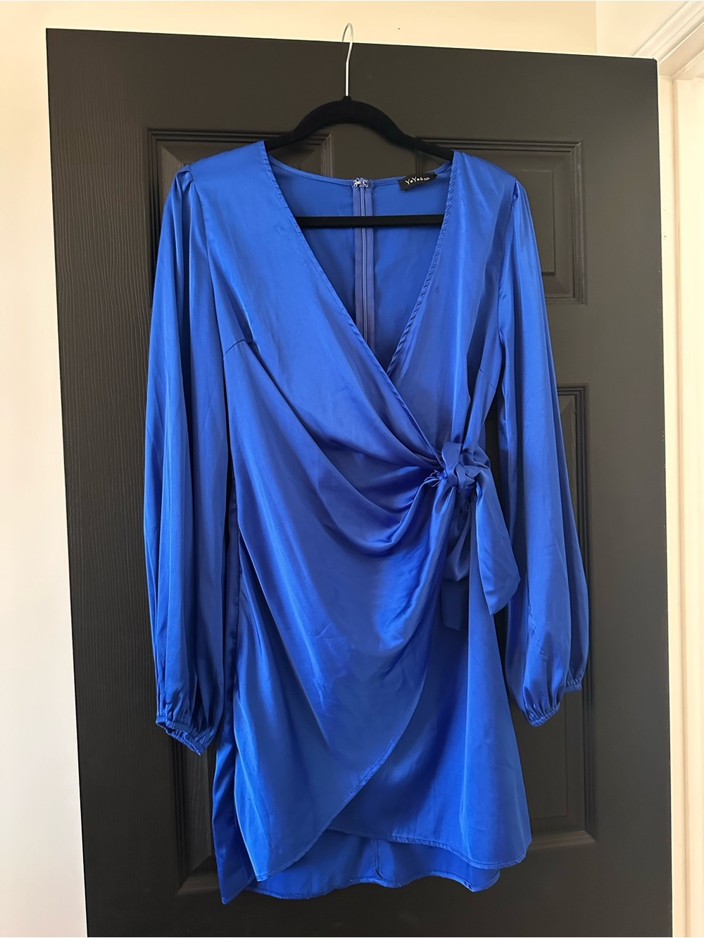 Satin Wrap Mini Dress | Long Sleeve Tie Waist | Cobalt Blue | Size 8/M